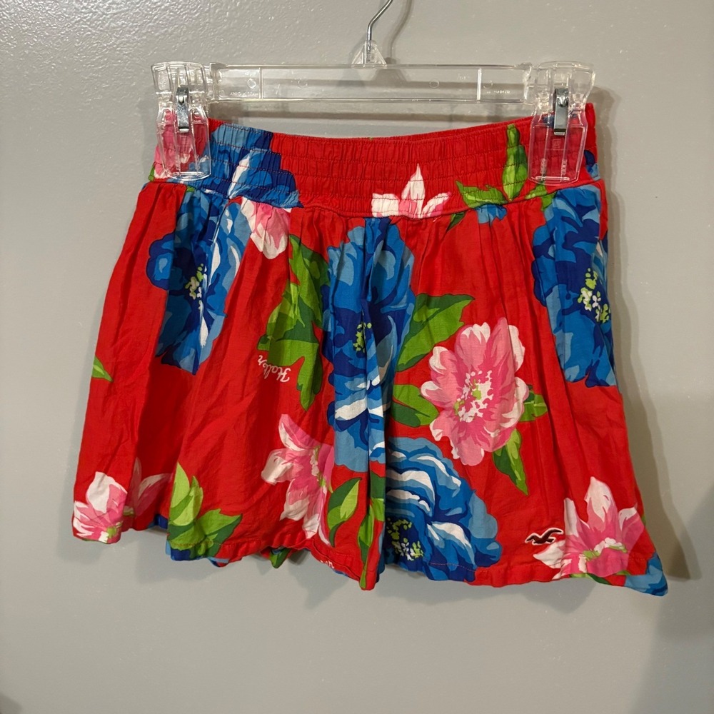 Hollister Floral Skirt Red Blue Hawaiian Beach Summer Elastic Waist (Small)